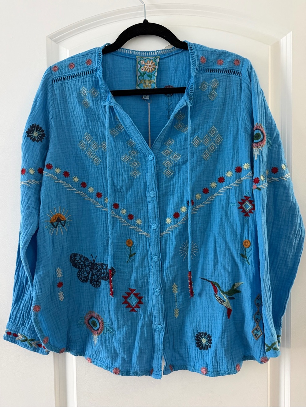 NWT Johnny Was Embroidered Blue Cotton Button-Front Women's Top